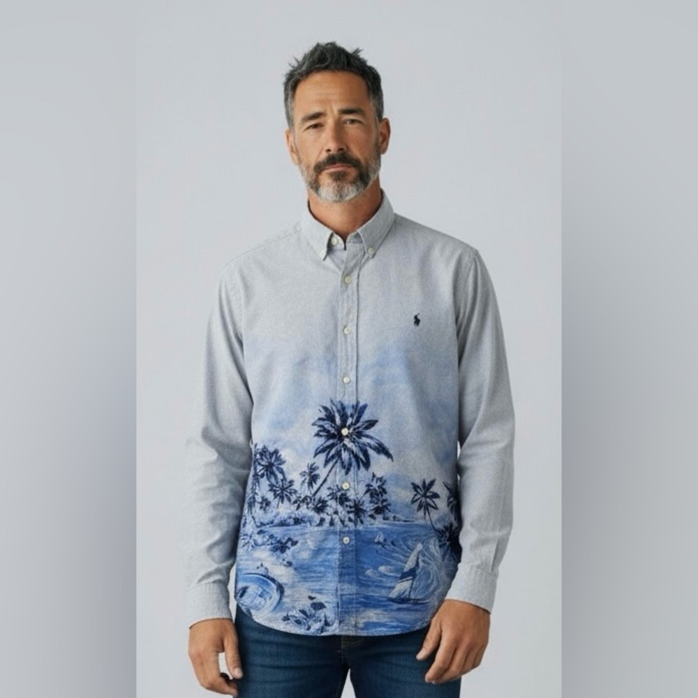 Vintage Ralph Lauren Blue Scenic Print Shirt Men’s XXL, excellent condition.